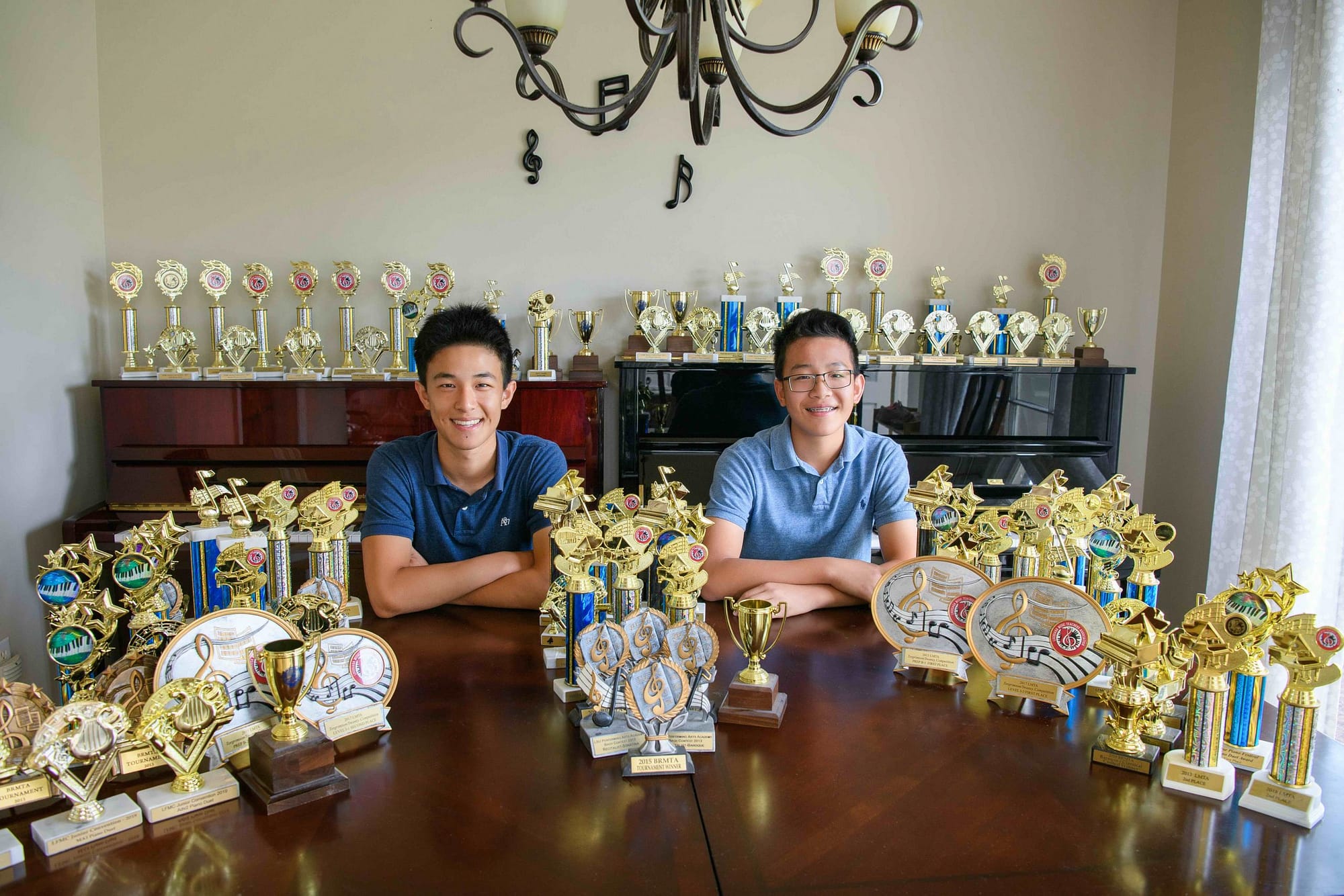 Piano students with trophies